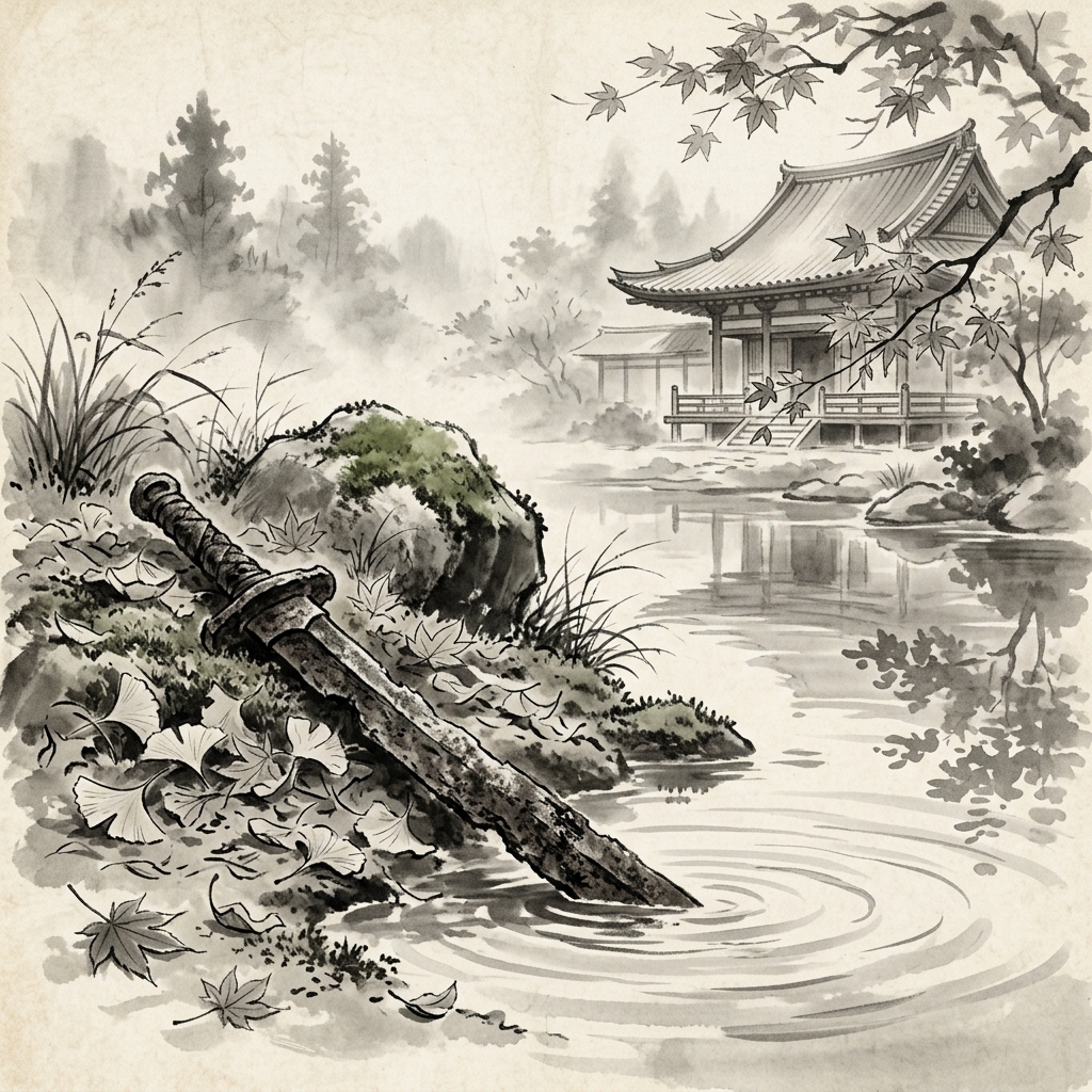 一把被遺棄且鏽跡斑斑的古劍半埋在寧靜寺廟旁的落葉中,象徵對戰爭武器的厭惡與對和平的崇尚