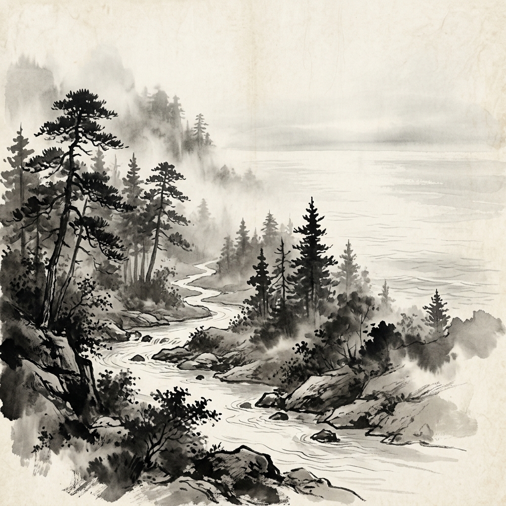 山間清澈的小溪在雲霧繚繞中蜿蜒而行,最後匯入無邊無際的大海,象徵萬物歸於大道的自然流轉