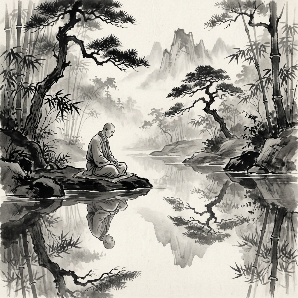 一位禪修者靜坐在如鏡面般的森林水池旁,凝視著水中清晰的倒影,象徵自省、自知與內在的真正強大