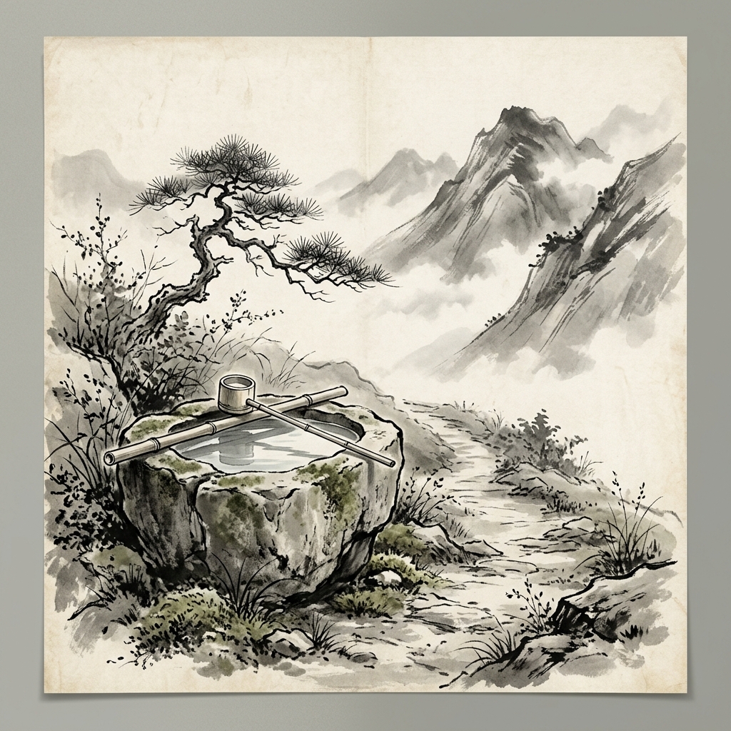 山徑旁一個樸素的水石槽盛滿了清澈的泉水,路過的旅人在此飲用,象徵大道雖平淡無味卻能滋養萬物、永不枯竭