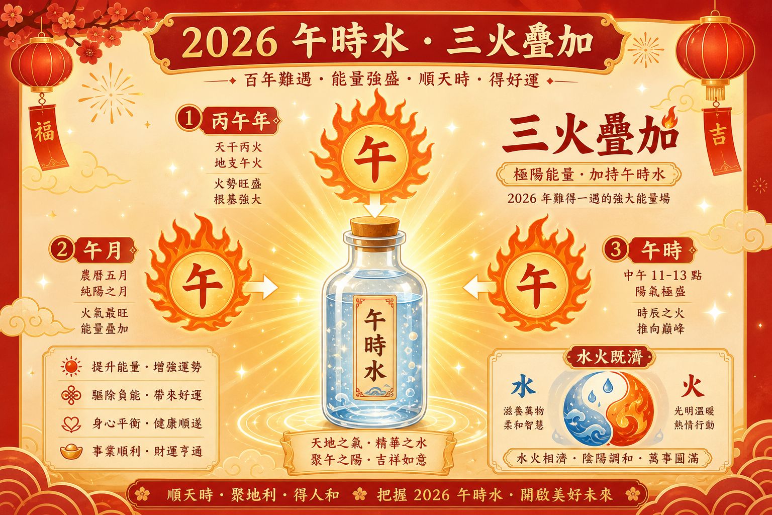 A Superposição de Três Fogos da Água do Meio-Dia 2026: Ano Bingwu, Mês de Wu, Hora de Wu, mais Harmonia de Água e Fogo