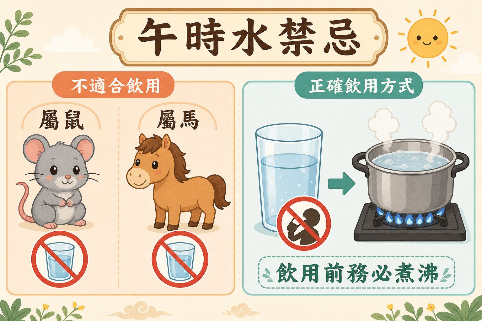午時水禁忌：屬鼠與屬馬不宜飲用，飲用前務必煮沸