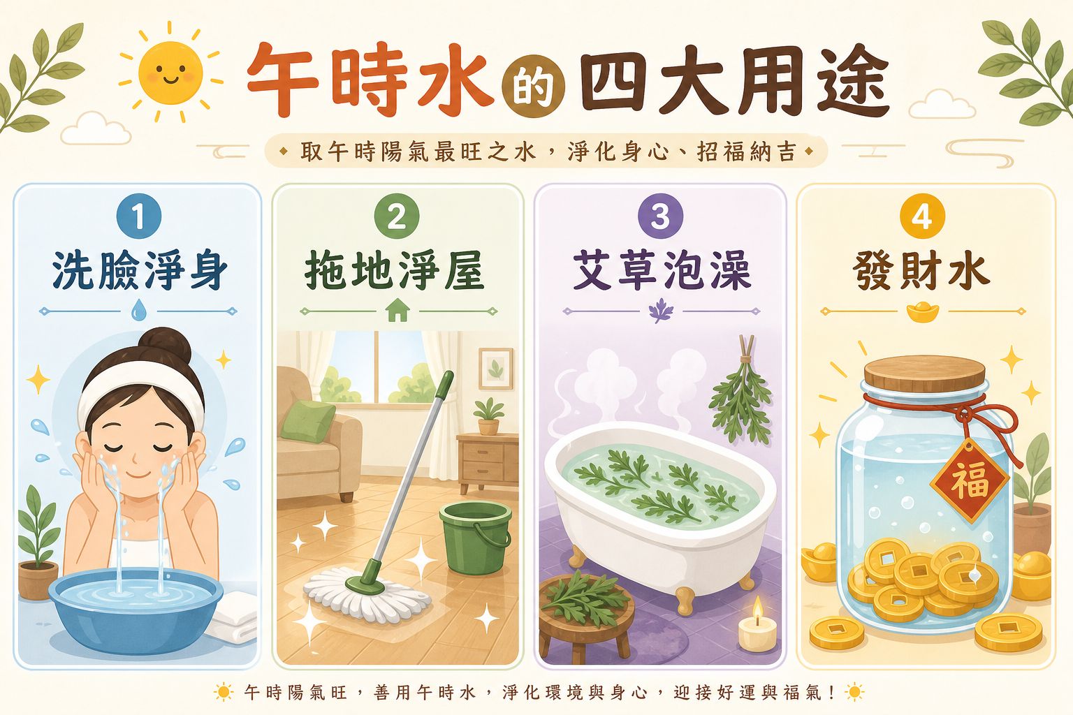 午時水的四大用途：洗臉淨身、拖地淨屋、艾草泡澡與發財水