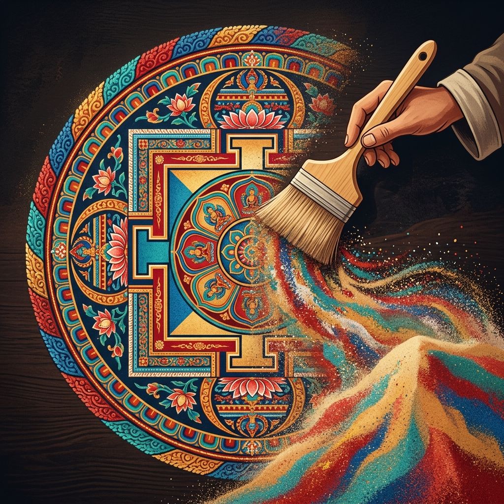 Des moines balayent le magnifique Mandala de sable, rassemblant le sable coloré en un tas de sable ordinaire